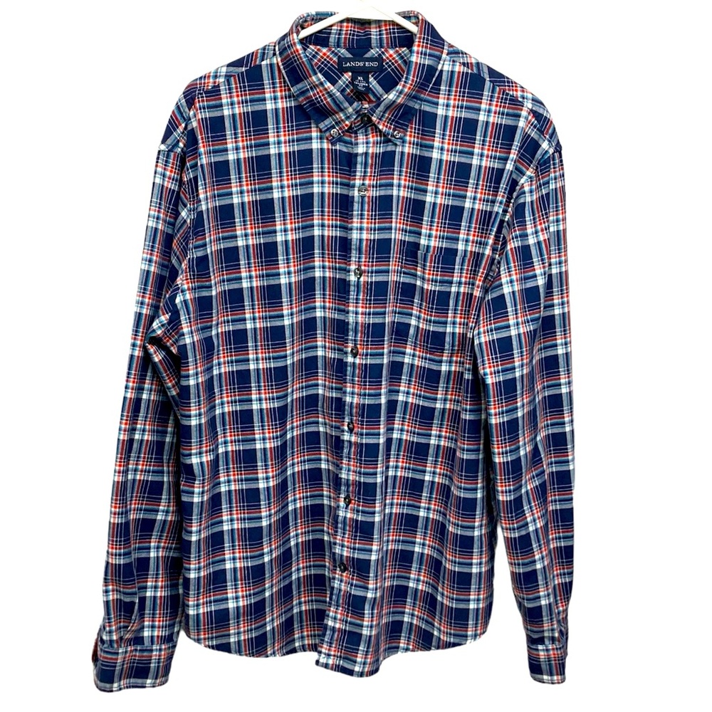 Lands’ End Flannel Shirt XL 17-17.5 Tailored Fit Navy Red Plaid - Picture 1 of 5